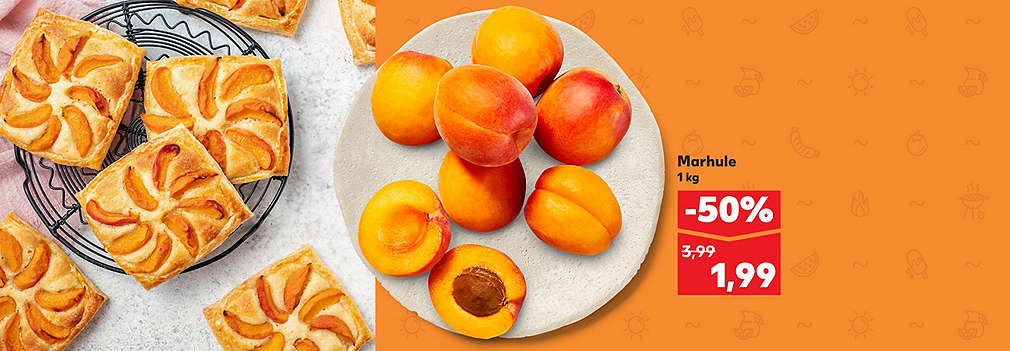 Privítajte pravú chuť leta výhodne! Čerstvé marhule (1 kg) kúpite teraz v Kauflande za polovicu – so skvelou zľavou -50 % len za 1,99 € (pôvodne 3,99 €). Sú ideálne na priamu konzumáciu, letné zaváranie alebo do poctivého marhuľového koláča v rámci týždňa KW24.