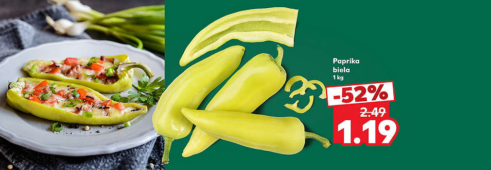 Pripravte si skvelú plnenú papriku alebo svieži letný šalát! Čerstvú Papriku bielu (1 kg) kúpite teraz v Kauflande za super cenu. S mimoriadnou zľavou -52 % za ňu zaplatíte len 1,19 € (pôvodne 2,49 €). Doplňte si vitamíny a ušetrite viac ako polovicu!