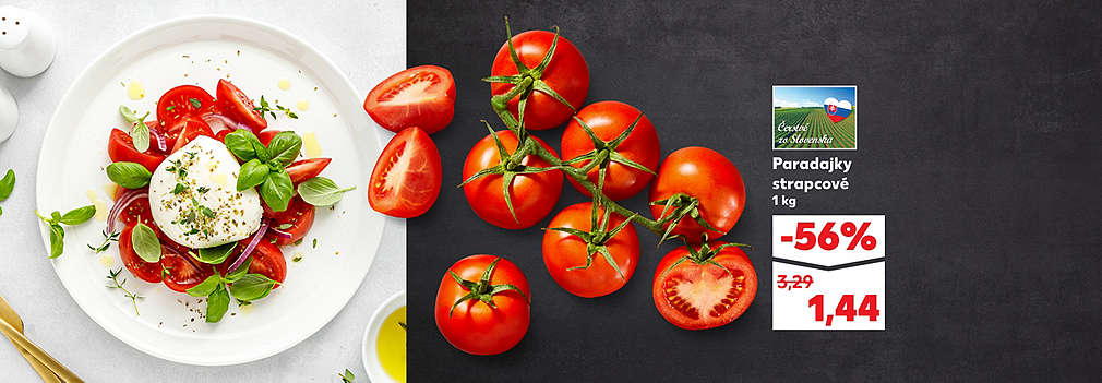 Vychutnajte si chuť slovenských paradajok! Paradajky strapcové (1 kg) kúpite teraz v Kauflande so skvelou zľavou -56 % len za 1,44 € (pôvodne 3,29 €). Čerstvá domáca kvalita za bezkonkurenčnú cenu v rámci letáka pre KW19.