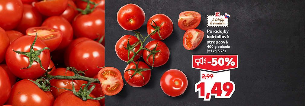 Vychutnajte si sladkú a poctivú domácu chuť! Paradajky koktailové strapcové (400 g balenie) z radu Z lásky k tradícii kúpite teraz v Kauflande za polovicu – len za 1,49 € (pôvodne 2,99 €). Perfektná voľba do čerstvých šalátov v rámci týždňa KW22.