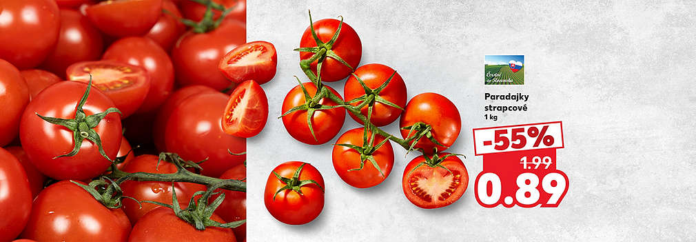 Šťavnaté a plné chuti! Čerstvé slovenské Paradajky strapcové (1 kg) kúpite teraz v Kauflande za super cenu. S mimoriadnou zľavou -55 % za ne zaplatíte len 0,89 € (pôvodne 1,99 €). Obohaťte svoje letné šaláty o poctivú domácu zeleninu!
