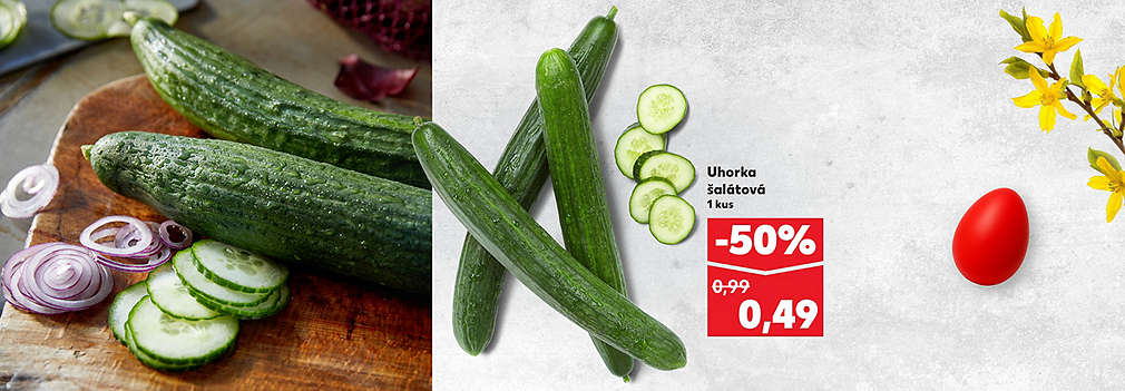 Doprajte si čerstvosť za polovicu! Uhorka šalátová (1 kus) je teraz v Kauflande dostupná so skvelou zľavou -50 %. V rámci veľkonočnej ponuky nakúpite len za 0,49 € (pôvodná cena 0,99 €). Ideálna do jarných šalátov a k sviatočnému pohosteniu.