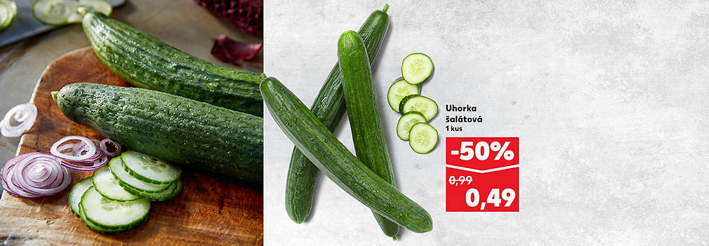 Doprajte si čerstvosť za polovicu! Uhorka šalátová (1 kus) je teraz v Kauflande dostupná so skvelou zľavou -50 %. V rámci aktuálnej ponuky nakúpite len za 0,49 € (pôvodná cena 0,99 €). Ideálna do vašich jarných šalátov.
