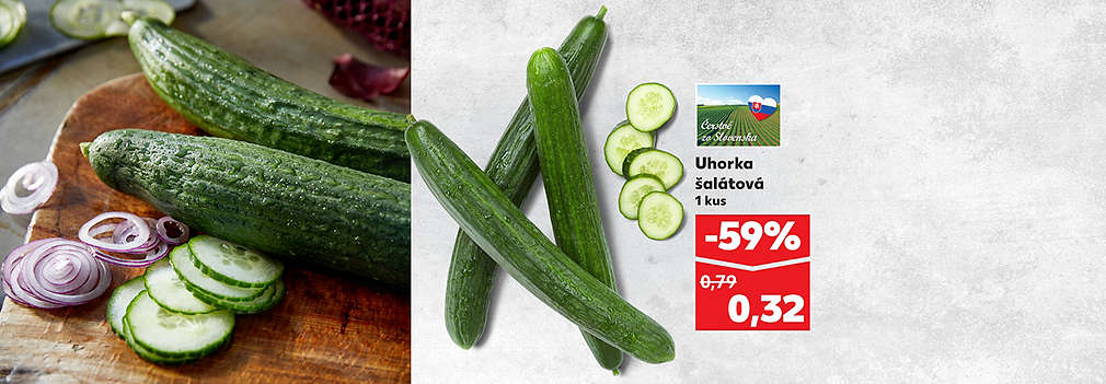 Doprajte si chrumkavú čerstvosť! Uhorka šalátová (1 kus) zo slovenskej produkcie je teraz v Kauflande dostupná so skvelou zľavou -59 % len za 0,32 € (pôvodne 0,79 €). Ideálna voľba pre vaše zdravé jarné šaláty.