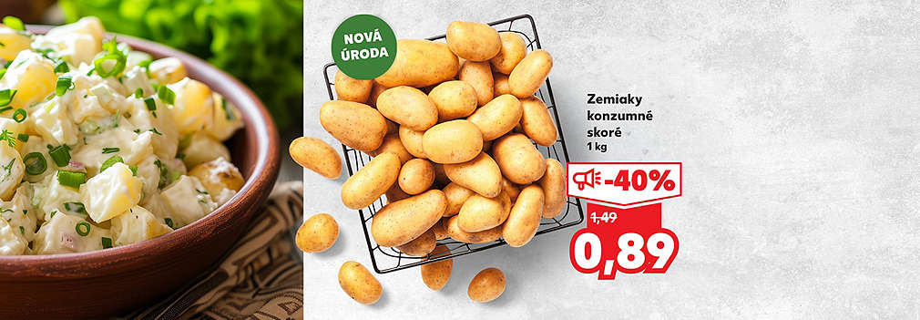 Vychutnajte si chuť jari! Zemiaky konzumné skoré (1 kg) z novej úrody kúpite teraz v Kauflande so zľavou -40 % len za 0,89 € (pôvodne 1,49 €). Ideálna príloha k vašim obľúbeným jarným receptom.