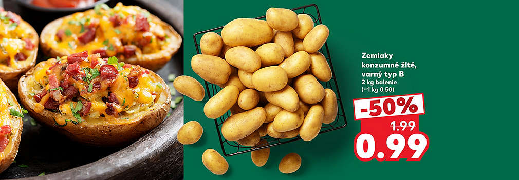 Pripravte si skvelú prílohu k obedu či večeri! Kvalitné Zemiaky konzumné žlté (varný typ B, 2 kg balenie) kúpite teraz v Kauflande za super cenu. S výbornou zľavou -50 % za ne zaplatíte len 0,99 € (pôvodne 1,99 €). Urobte si zásoby obľúbenej zeleniny za polovicu!