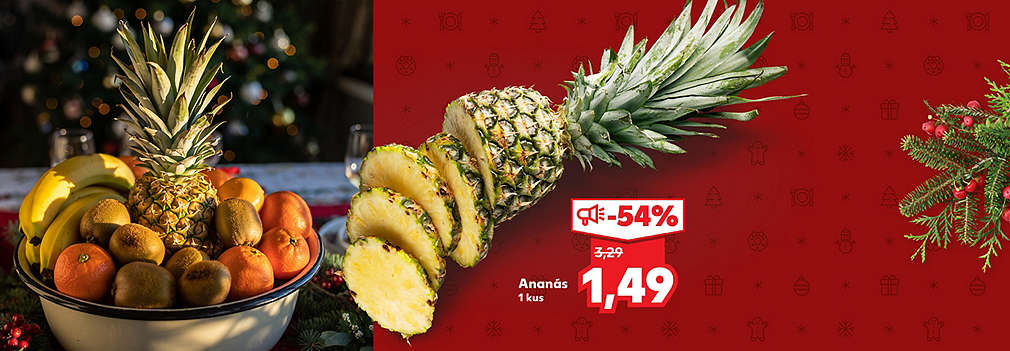 Kúpte si čerstvý ananás so skvelou zľavou -54%! Jeden kus je teraz za senzačnú vianočnú cenu 1,49 €, pôvodne stál 3,29 €. Perfektný na sviatočný stôl!