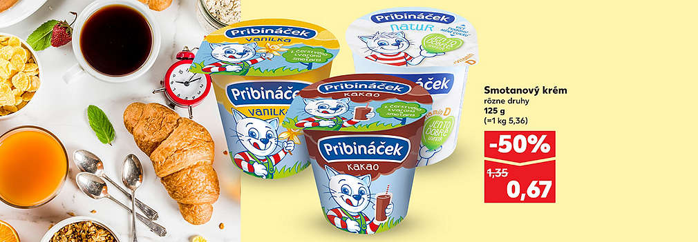 Doprajte si obľúbenú pochúťku za polovicu! Kúpte si smotanový krém Pribináček (125 g, rôzne druhy) so zľavou -50 %. Pôvodná cena 1,35 €, teraz v Kauflande len za 0,67 €. Ideálny dezert pre deti aj dospelých.