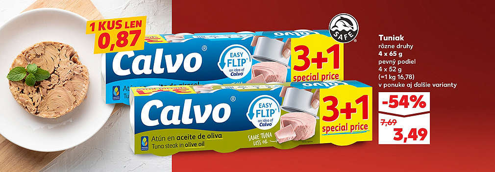 Nakupujte výhodne! Tuniak Calvo (rôzne druhy, balenie 4 x 65 g) je teraz v Kauflande so zľavou -54 %. Celé balenie získate za 3,49 € (pôvodne 7,69 €), čo vychádza len 0,87 € za jeden kus. V ponuke aj ďalšie varianty.