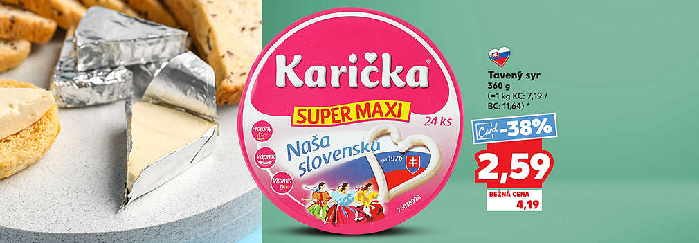 Doprajte si obľúbenú slovenskú klasiku! Tavený syr Karička (SUPER MAXI balenie 360 g, 24 ks) kúpite v Kauflande so zľavou -38 % s Kaufland Card za skvelú cenu 2,59 €. Bežná predajná cena bez karty je 4,19 €.