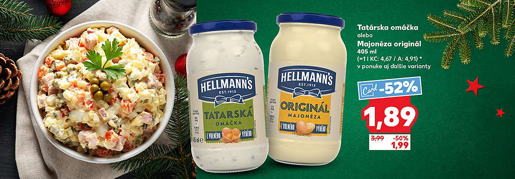 Pripravte sa na Vianoce so zľavou na obľúbené omáčky! Kúpte si Majonézu Originál alebo Tatárska omáčka Hellmann's (405 ml) so zľavou! S Kaufland Card získate zľavu -52% a cena je len 1,89 €. Bez karty je cena 1,99 € (zľava -50%). Pôvodná cena bola 3,99 €.