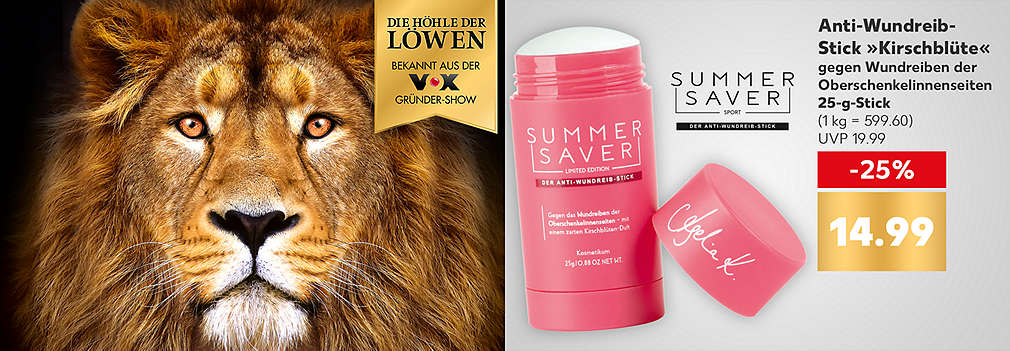 Produktabbildung: SUMMERSAVER Anti- Wundreib- Stick »Kirschblüte «, gegen Wundreiben der Oberschenkelinnenseiten, Aktion, je 25-g-Stick, 14.99 Euro; Logo: Die Höhle der Löwen; Abbildung eines Löwen 