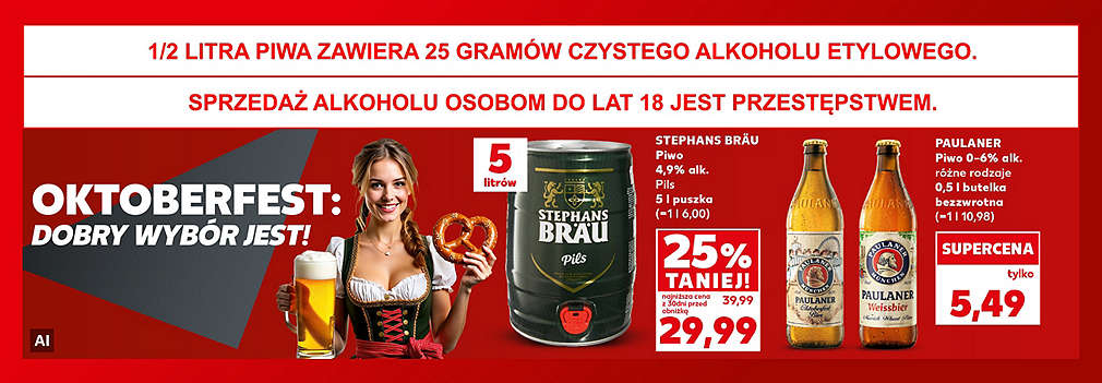 piwo w 5-litrowej beczce i piwo w butelce oraz dziewczyna w stroju bawarskim z preclem w ręce