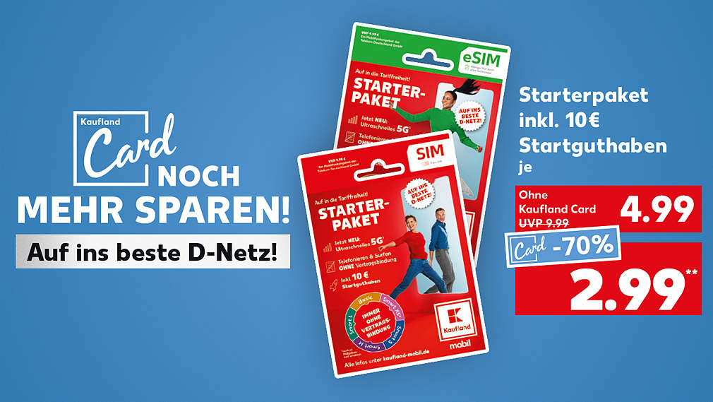 KAUFLAND MOBIL Starterpaket inkl. 10 Euro Startguthaben; Störer: Auch online erhältlich und auf unserem Online-Marktplatz Kaufland.de; - 50 %, 4.99 Euro*; Kaufland Card Preis: -70 %, 2.99⁴ Euro
