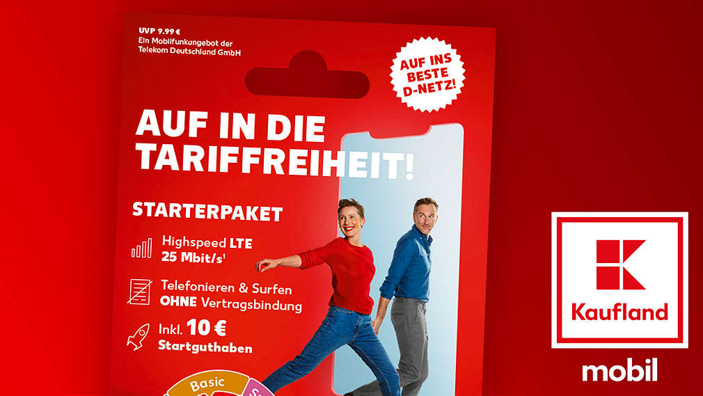 Mann und Frau steigen zusammen durch Tür in Form eines Smartphone-Displays; Starterpaket, Kaufland mobil