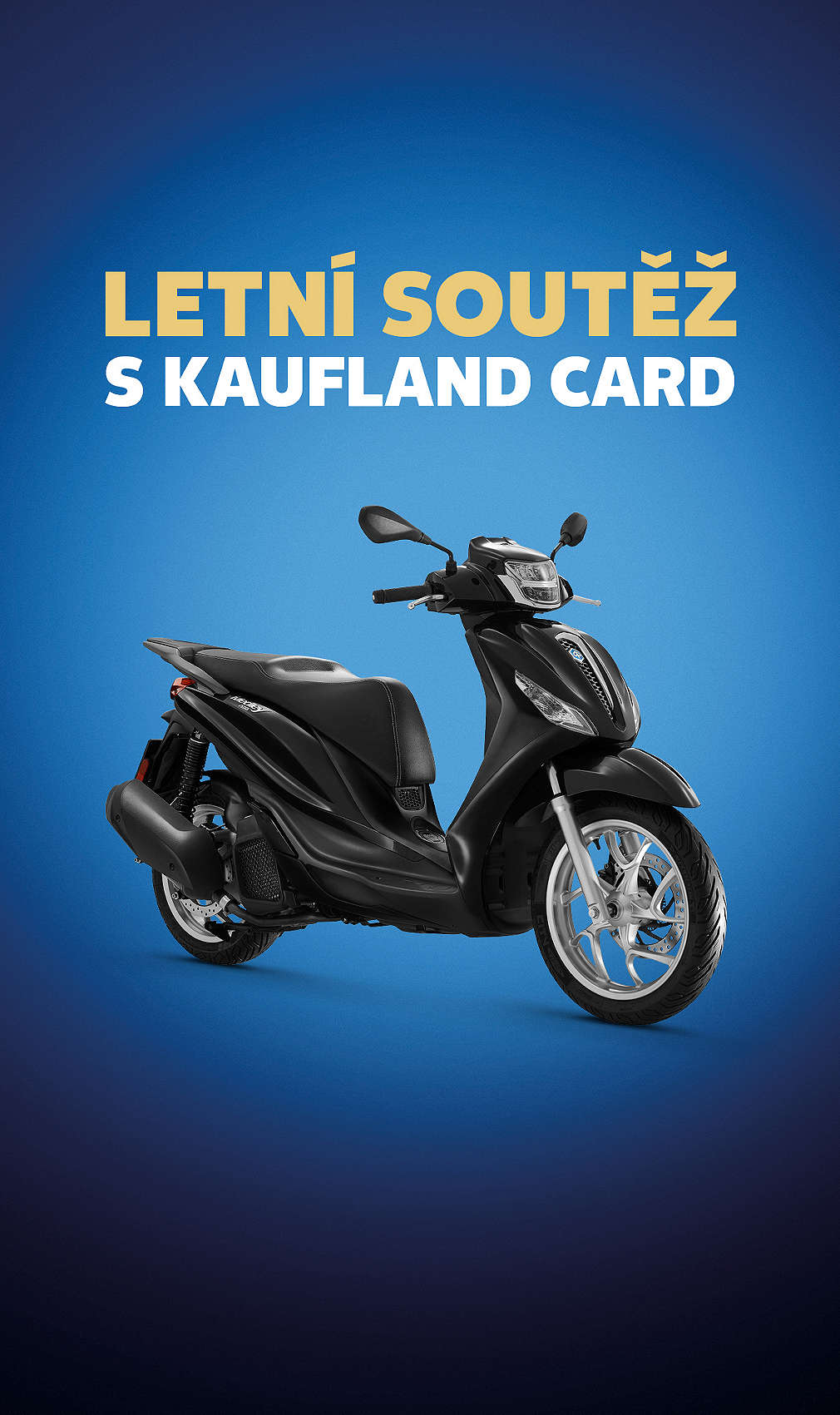 černý skútr na modrém pozadí a text: Letní soutěž s Kaufland Card