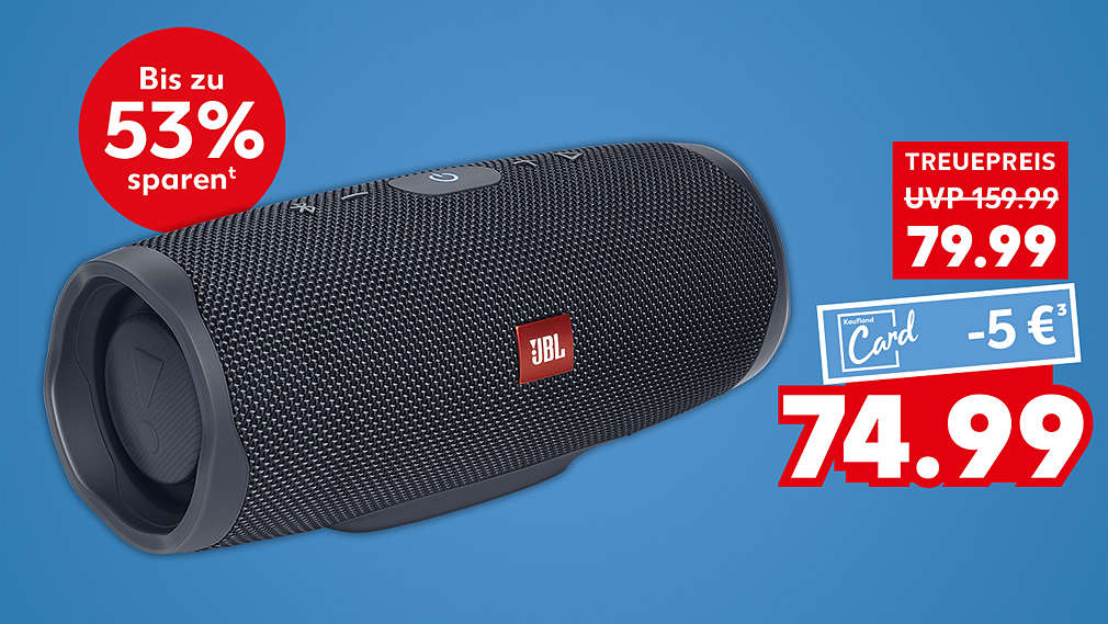 »JBL Charge Essential 2«; 79.99 Treuepreis; UVP 159.99; mit K-Card -5 Euro³, 74.99; bis zu 53 % Treuevorteilᵗ