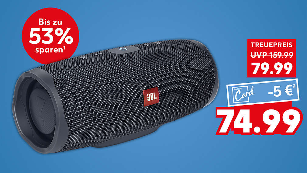 »JBL Charge Essential 2«; 79.99 Treuepreis; UVP 159.99; mit K-Card -5 Euro², 74.99; bis zu 53 % Treuevorteil¹