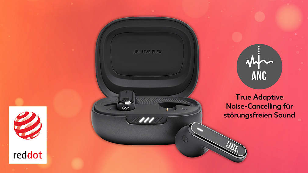 »JBL Live Flex«; 89.99 Treuepreis; UVP 149.99; 40 % Treuevorteil⁵; reddot Award; ANC: True Adaptive Noise-Cancelling für störungsfreien Sound