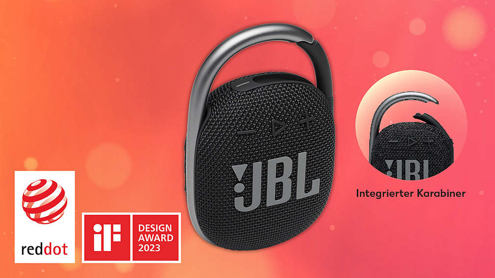 »JBL Clip 4«; 34.99 Treuepreis; UVP 64.99; 46 % Treuevorteil⁵; reddot Award; Design Award 2023; Integrierter Karabiner