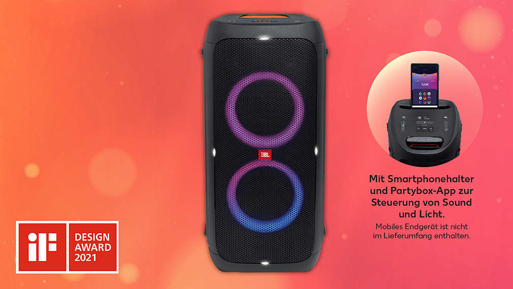 »JBL Partybox 310«; 359.99 Treuepreis; UVP 579.99; 37 % Treuevorteil⁵; Design Award 2023; Mit Smartphonehalter und Partybox-App zur Steuerung von Licht und Sound; Mobiles Endgerät ist nicht im Lieferumfang enthalten