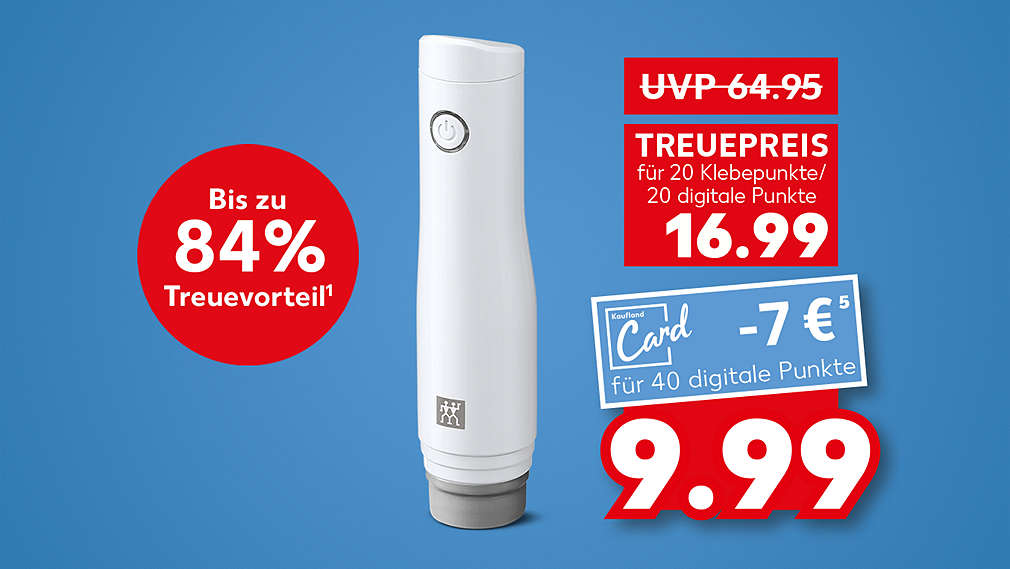 ZWILLING »FRESH & SAVE« Elektrische Vakuumpumpe; bis zu 84 % Treuevorteil¹; UVP 64.95; Treuepreis für 20 Klebepunkte / 20 digitale Punkte 16.99; für 40 digitale Punkte - 7 €⁵, 9.99