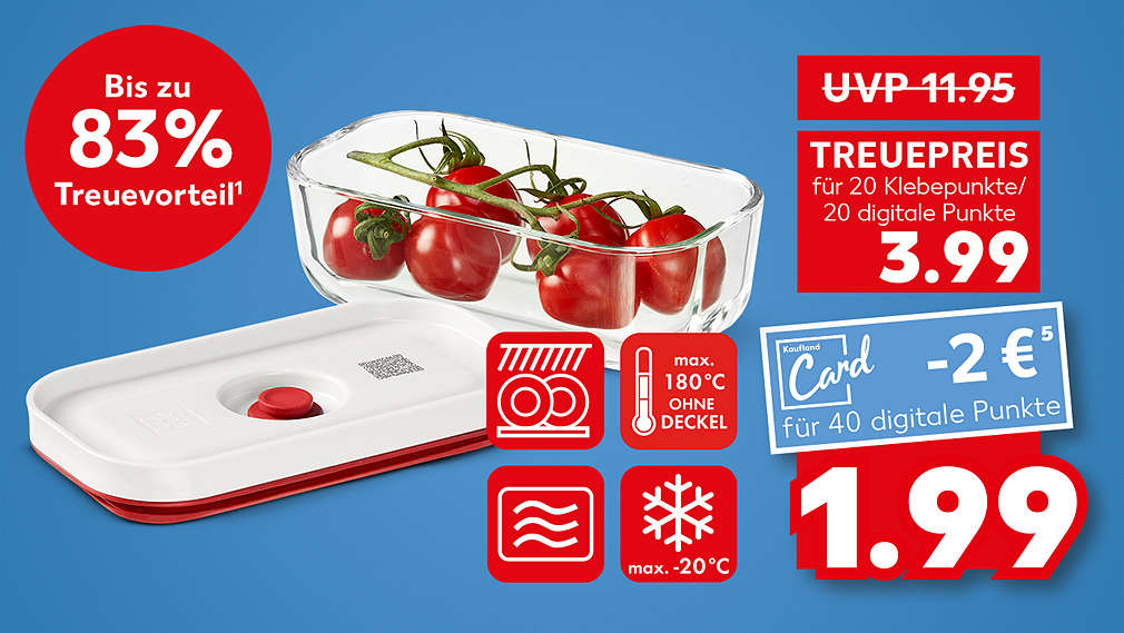ZWILLING »FRESH & SAVE« Vakuumbox S; bis zu 83 % Treuevorteil¹; UVP 11.95; Treuepreis für 20 Klebepunkte / 20 digitale Punkte 3.99; für 40 digitale Punkte - 2 €⁵, 1.99