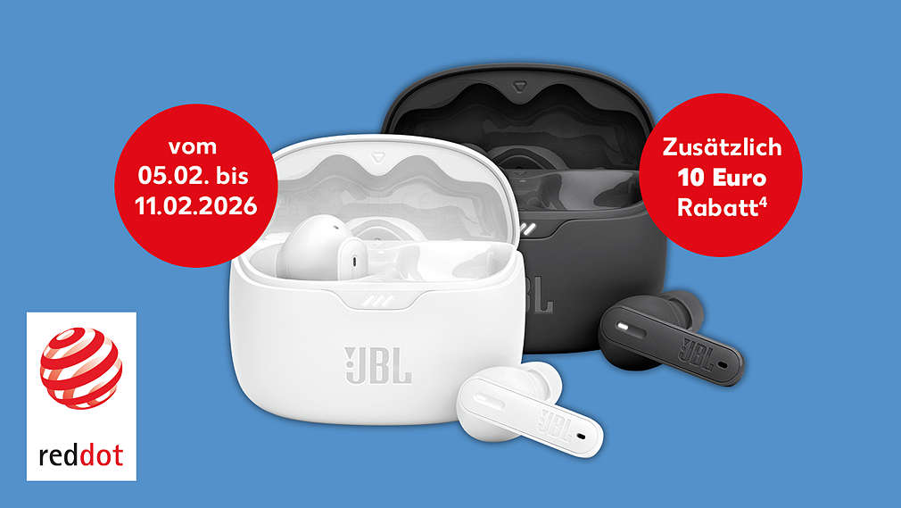 »JBL Tune Beam«; zusätzlich 10 Euro Rabatt vom 05.02. bis 11.02.2026; 49.99 Treuepreis; UVP 99.99; 50 % Treuevorteil*; reddot Award