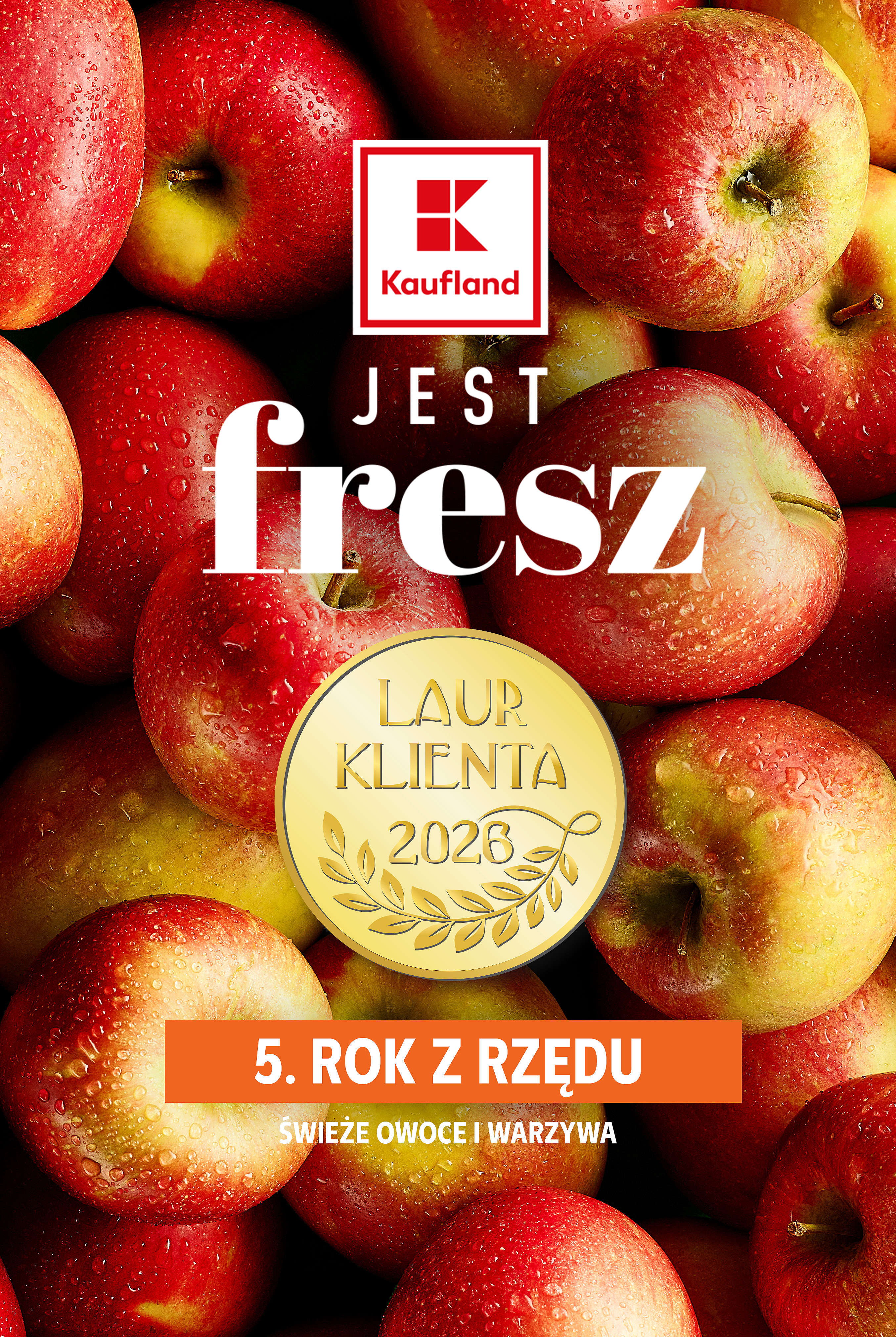 Kaufland jest FRESZ i Laur Klienta 2026 na tle z jabłek