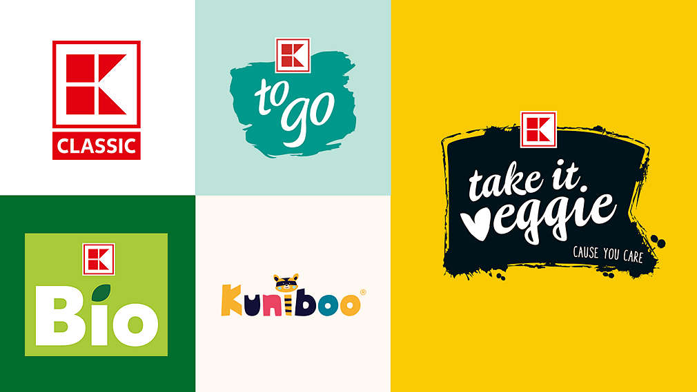 The K-Classic, K-to go, K-Bio, Kuniboo and K-take it Veggie logo in different colored tiles.