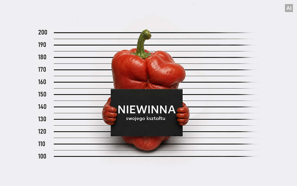 Papryka z tabliczką jak w więzieniu: Napis na tabliczce: NIEWINNA swojego kształtu