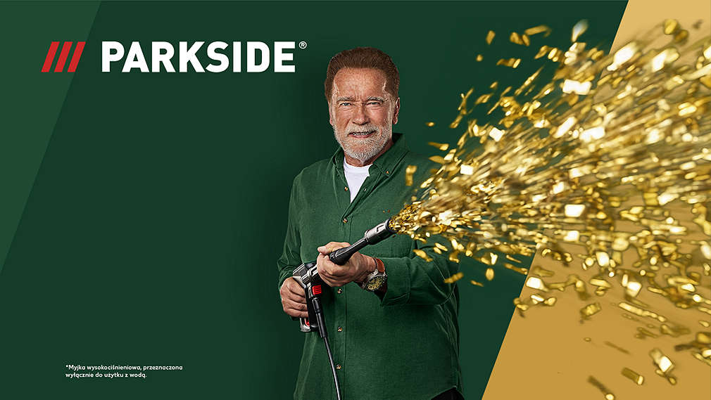 Logo Parkside, Arnold strzela złotym confetti