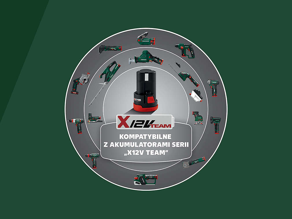 Logo akumulatora 12V wraz z wszystkimi produktami marki PARKSIDE, które mogą być z nim używane.