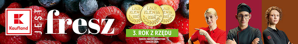 Trzy osoby i Rozsypane maliny z logo Kaufland i laurami klienta