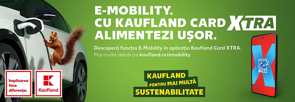 Smartphone cu sigla aplicației Kaufland eCharge și sigla Kaufland