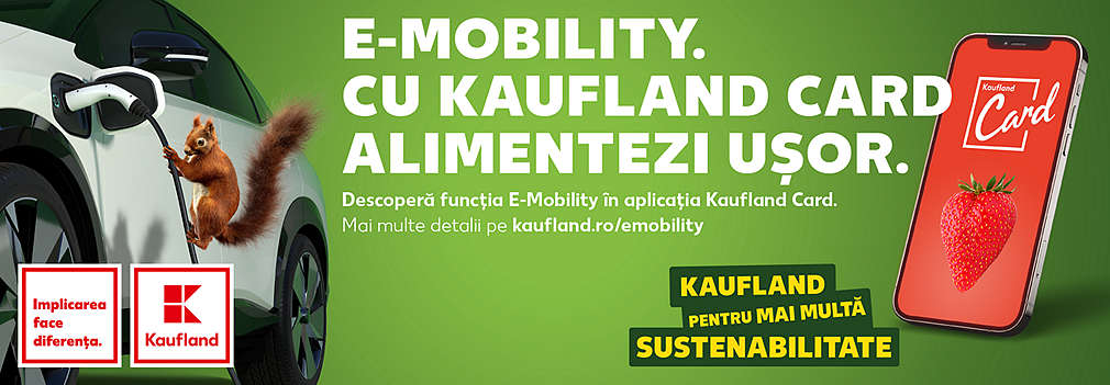 Smartphone cu sigla aplicației Kaufland eCharge și sigla Kaufland