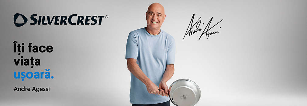 Der ehemalige Tennisprofi Andre Agassi lächelt in einem hellblauen T-Shirt vor einem grauen Hintergrund, während er eine Pfanne der Marke SILVERCREST hält, ergänzt durch den Slogan „Makes your life easy“ und seine Unterschrift., Der ehemalige Tennisprofi Andre Agassi l�chelt in einem hellblauen T-Shirt vor einem grauen Hintergrund, w�hrend er eine Pfanne der Marke SILVERCREST h�lt, erg�nzt durch den Slogan �Makes your life easy� und seine Unterschrift.