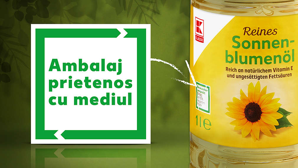 Logo-ul Kaufland "Ambalat conștient" pe o sticlă PET de ulei de floarea-soarelui K-Classic
