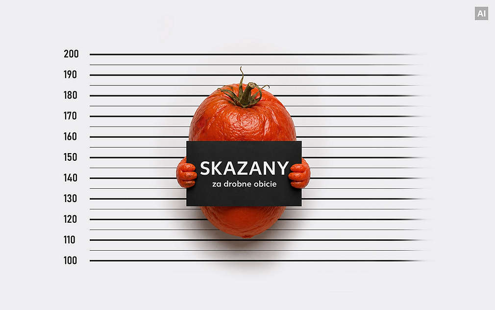 Pomidor z tabliczką jak w więzieniu: Napis na tabliczce: SKAZANY za drobne obicie