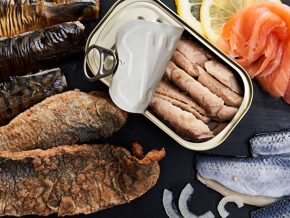 Različiti trajni riblji proizvodi u detaljnom prikazu