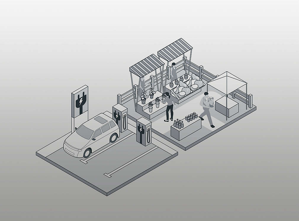 Electronic car charging and market stands next to it