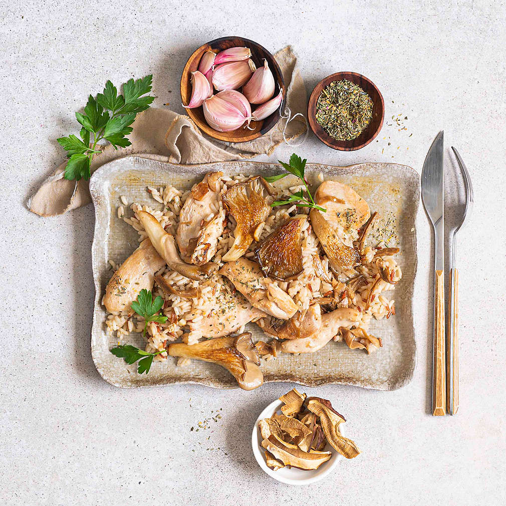 Zobrazit Houbové rizoto s hlívou a kuřecím masem receptů