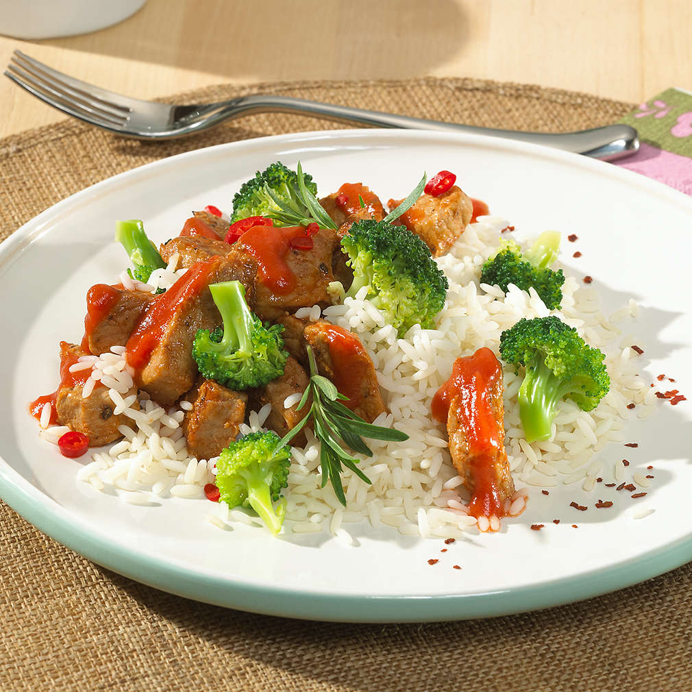 Zobrazit Pikantní rýže s vepřovým masem a brokolicí receptů