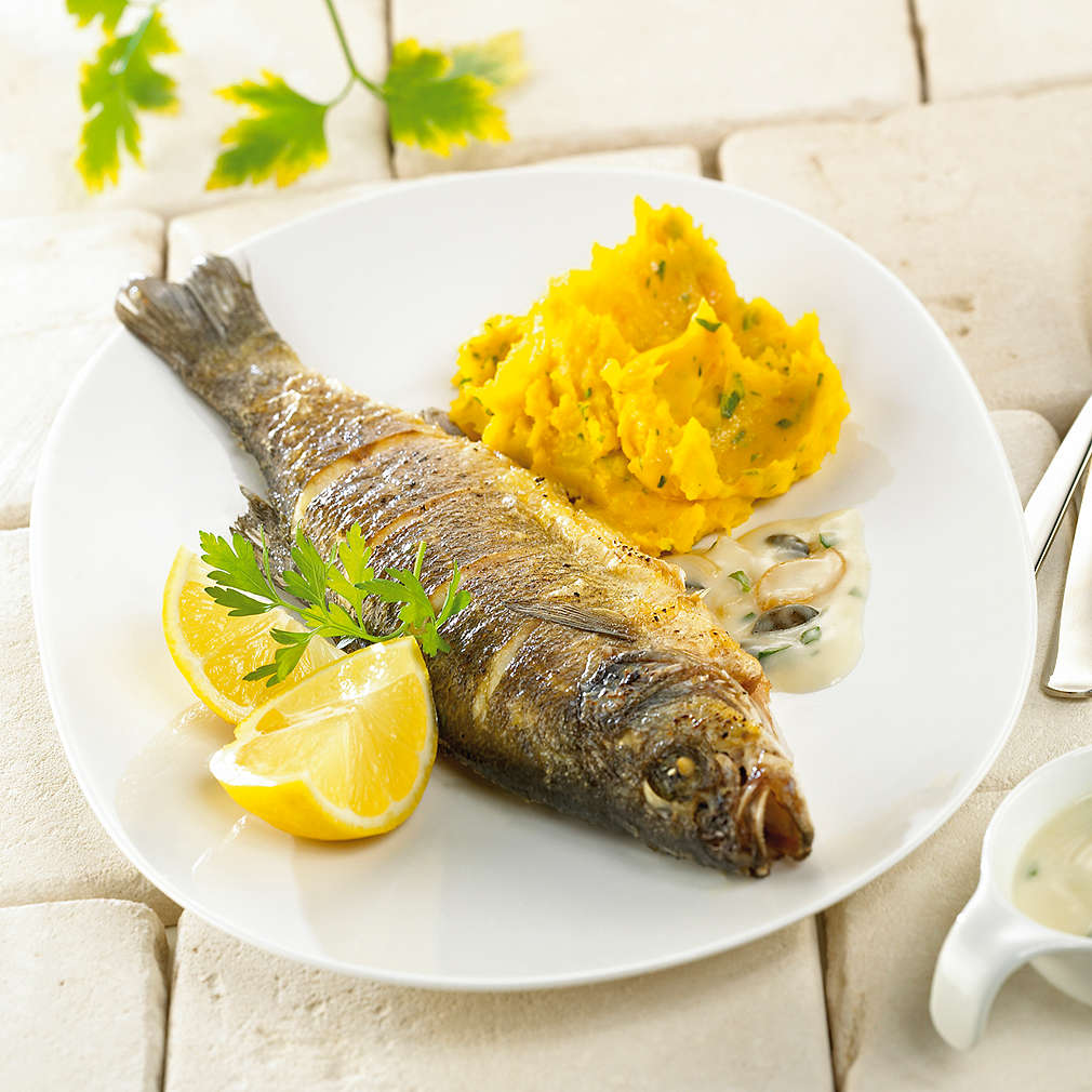 Abbildung des Rezepts Loup de mer mit Kürbis-Kartoffelpüree