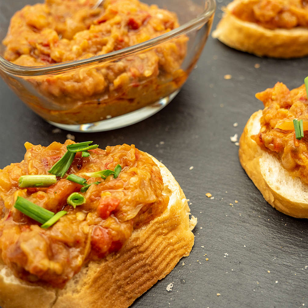 zacusca, romanian vegetable spread, with roasted eggplant, onions tomato paste and roasted red peppers