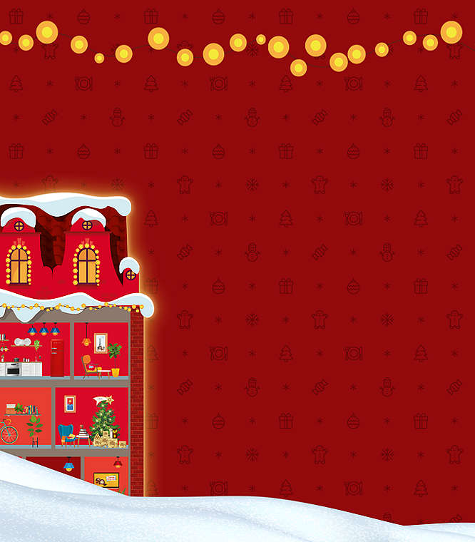Roter Hintergrund; Das Große Kaufland-Adventskalenderhaus steht auf Schnee, darüber hängt eine Lichterkette