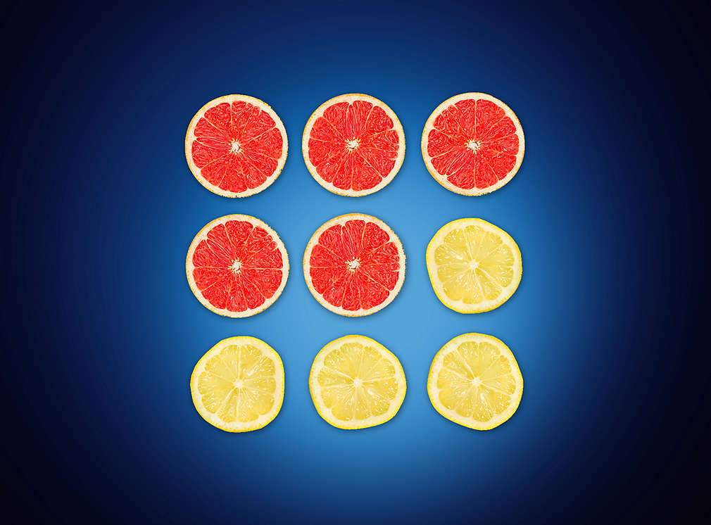 Žlté a červené pomaranče znázorňujú zbieranie bodov