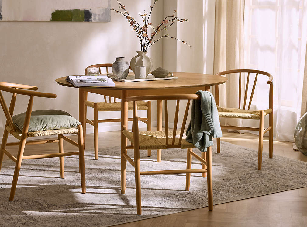 Esszimmer mit Esstisch und Stühlen auf einem Teppich