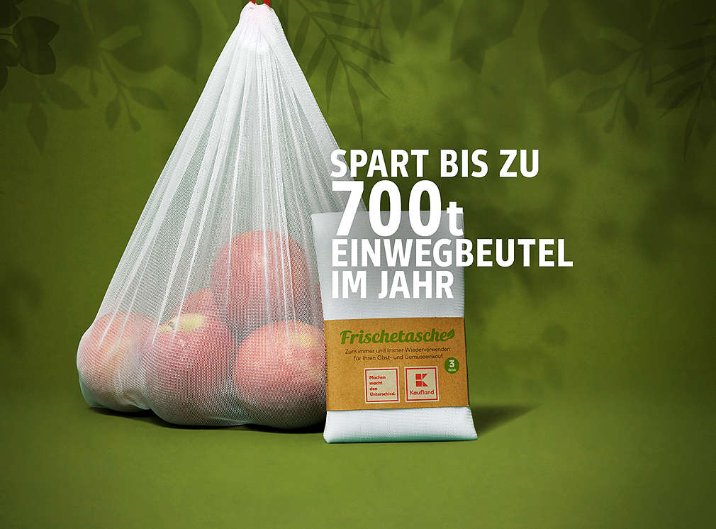 Die Kaufland-Frischetasche mit den Hinweis, dass diese bis zu 700 Tonnen Einwegbeutel im Jahr spart