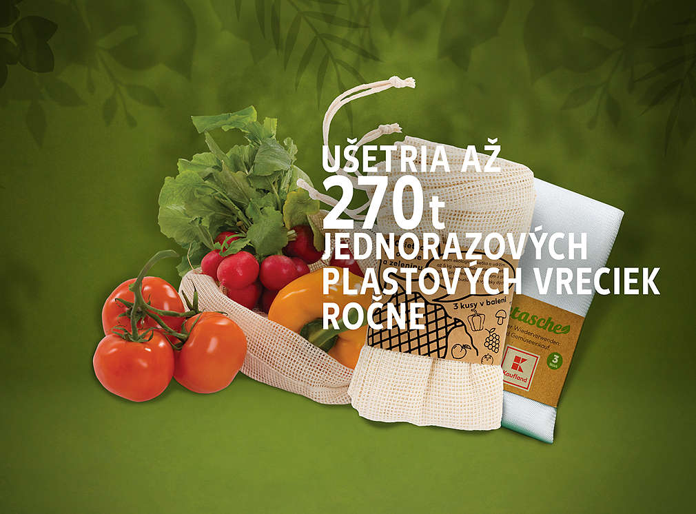 Ekosieťka alebo Zelené vrecko na nákup ovocia a zeleniny s informáciou o možnej ročnej úspore plastu až 260ton plastu.